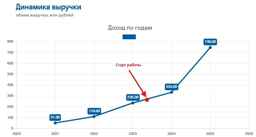 График выручки Зерокодера: 333 млн рублей в 2024 году и 746 млн рублей в 2025 году